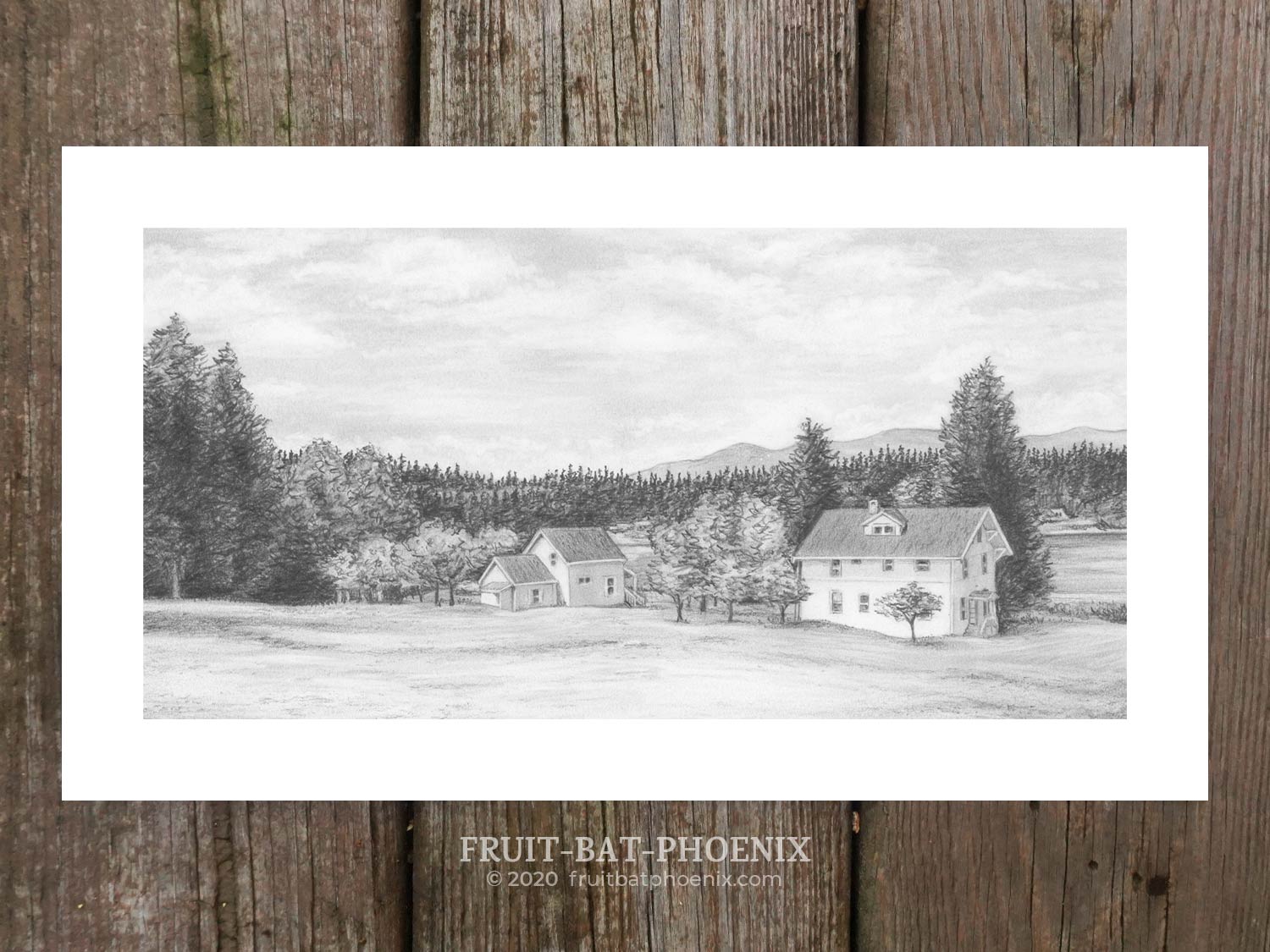 graphite drawing of view from Seabeck Meeting House Lawn