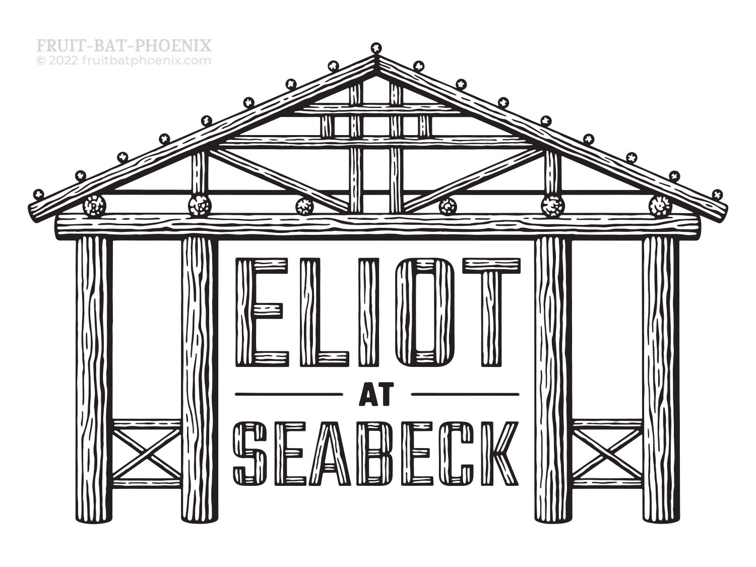 black and white vector graphic design of the Seabeck Conference Center bridge arch, with text saying Eliot At Seabeck