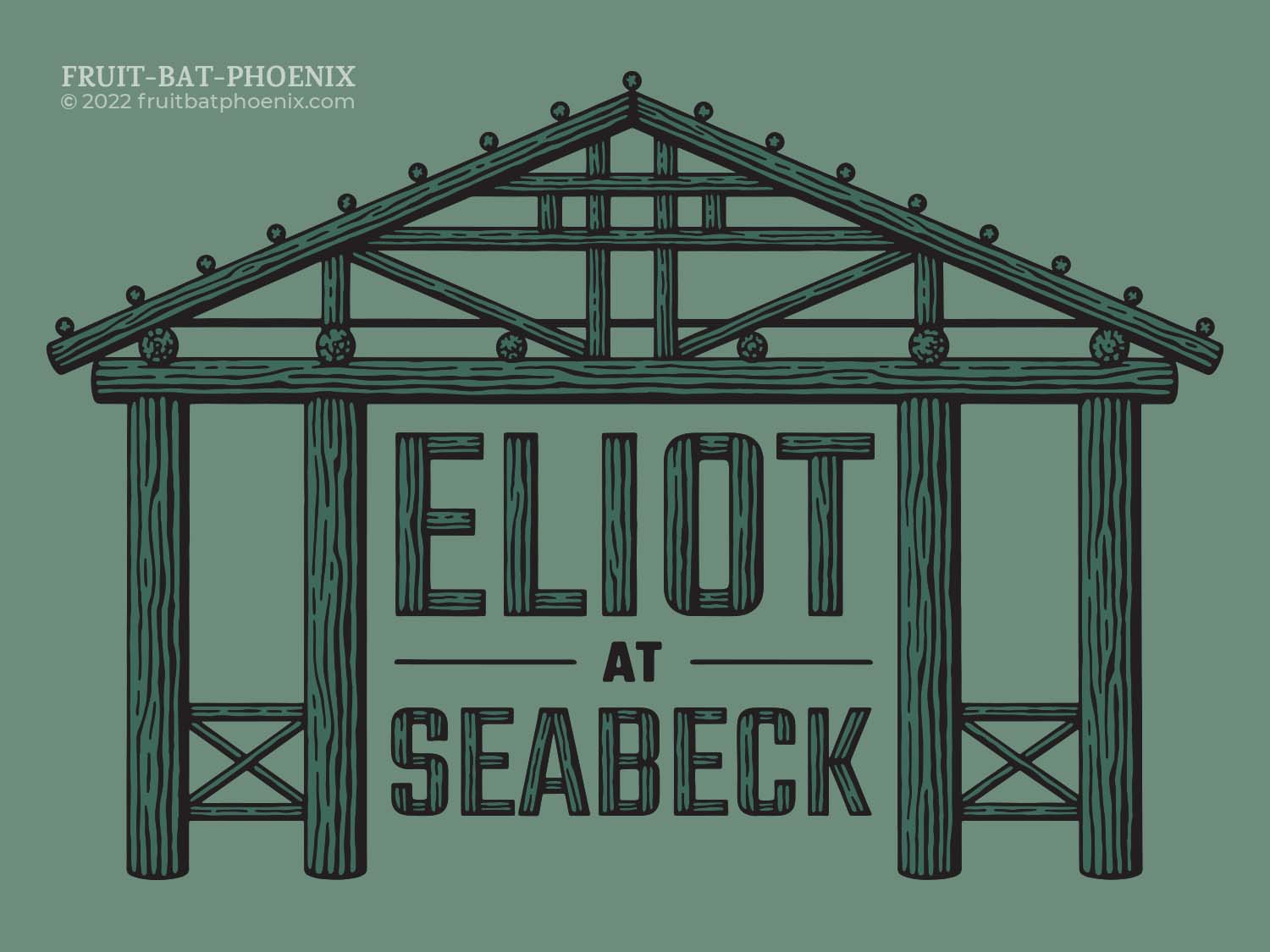 sage green monochromaticvector graphic design of the Seabeck Conference Center bridge arch, with text saying Eliot At Seabeck