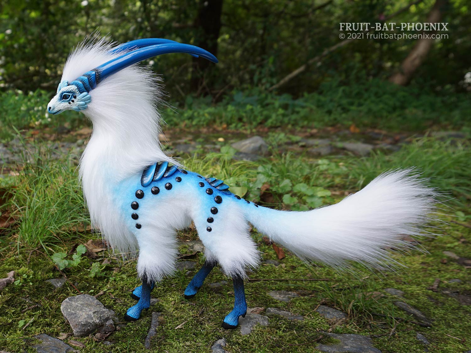 Cloud Antelope III, a white and blue graceful horned creature art doll
