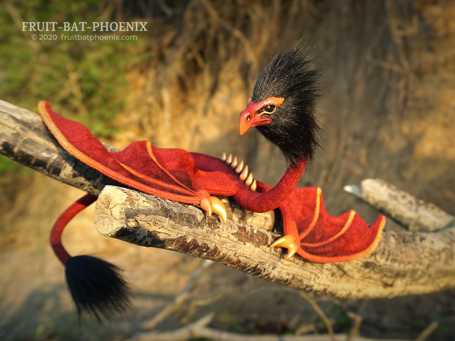 Redgold Eagle Wyrm posable dragon art doll, perched on a branch