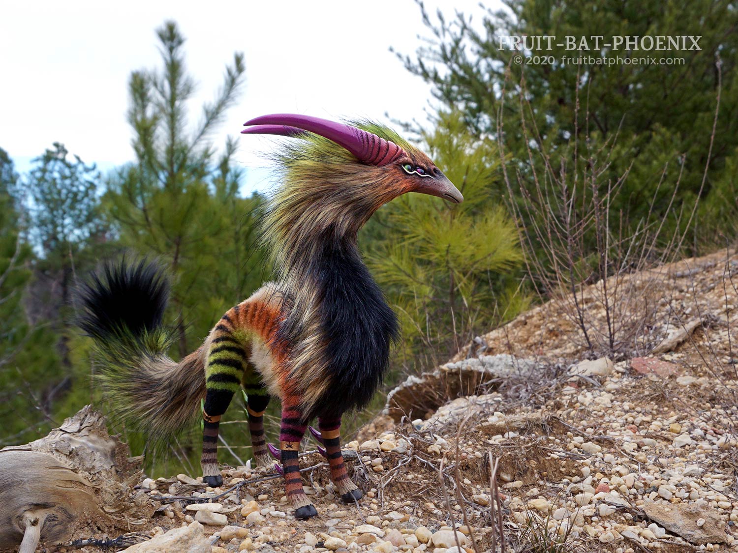 hippoquadoculus, posable sci-fi creature, stands on a rocky hillside