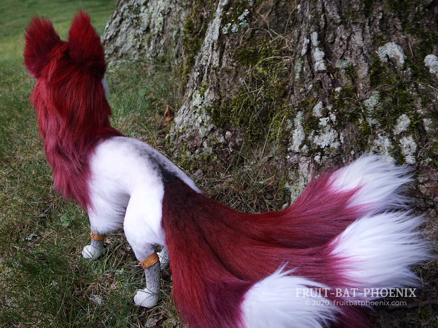 Burgundy and white kitsune posable art doll with three tails