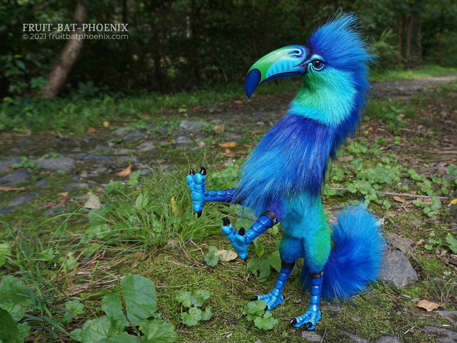 Blue Toucangriff poseable art doll standing on hind legs