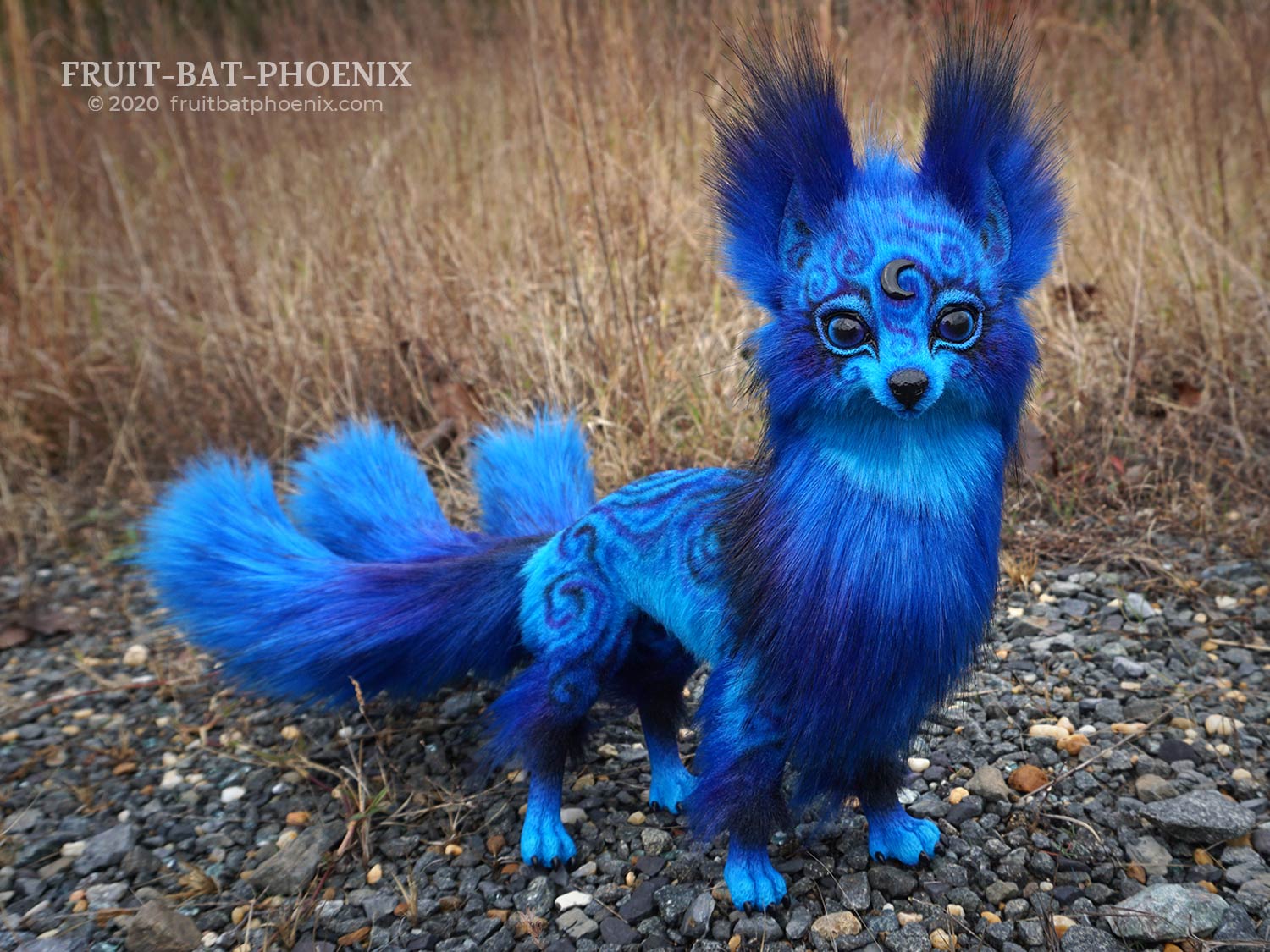 Tsuki the Midnight Kitsune, a posable art doll fox with three tails