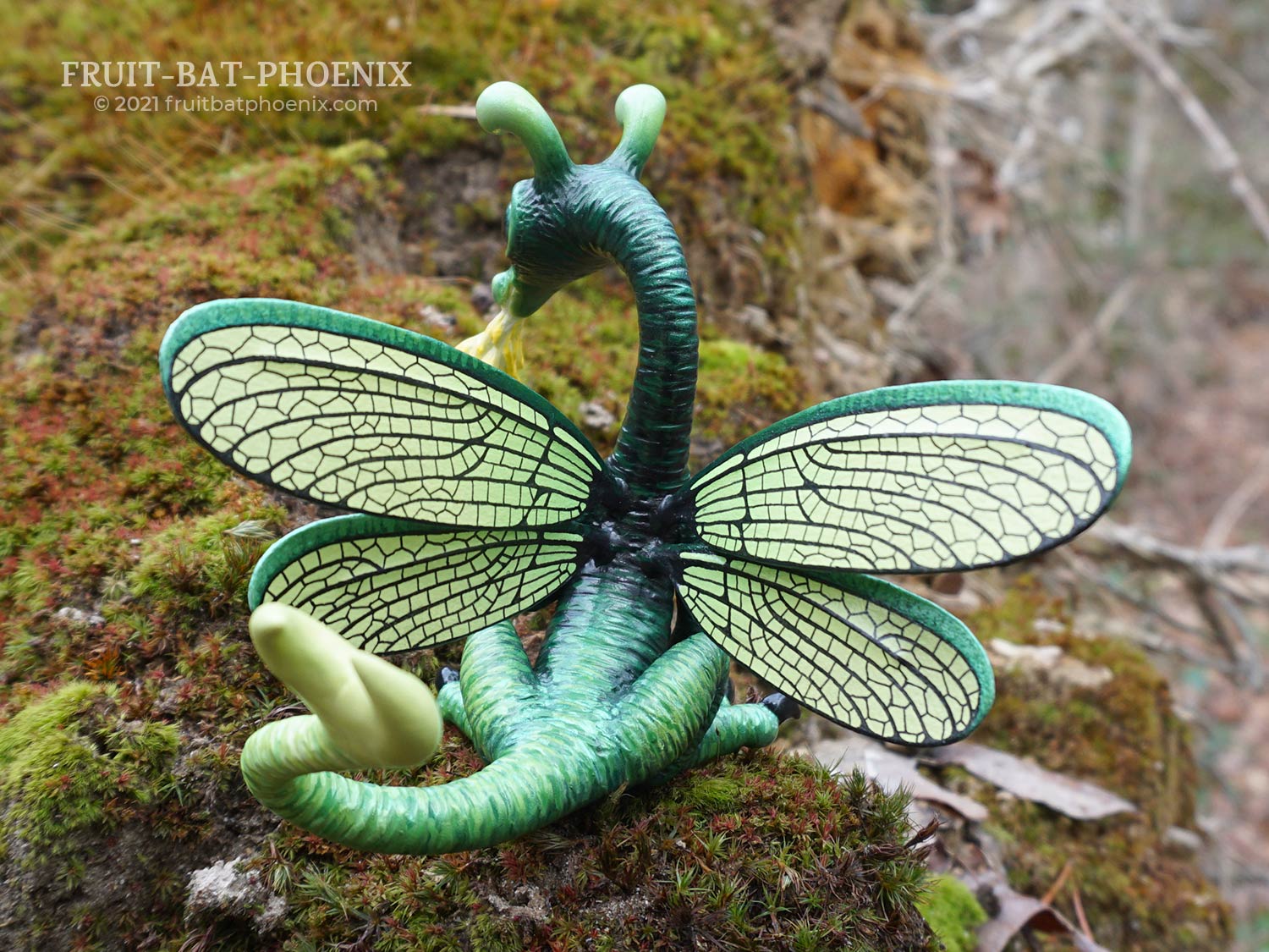 Fire-Breathing Dragon-Fly, a polymer clay dragon sculpture, back view of wings