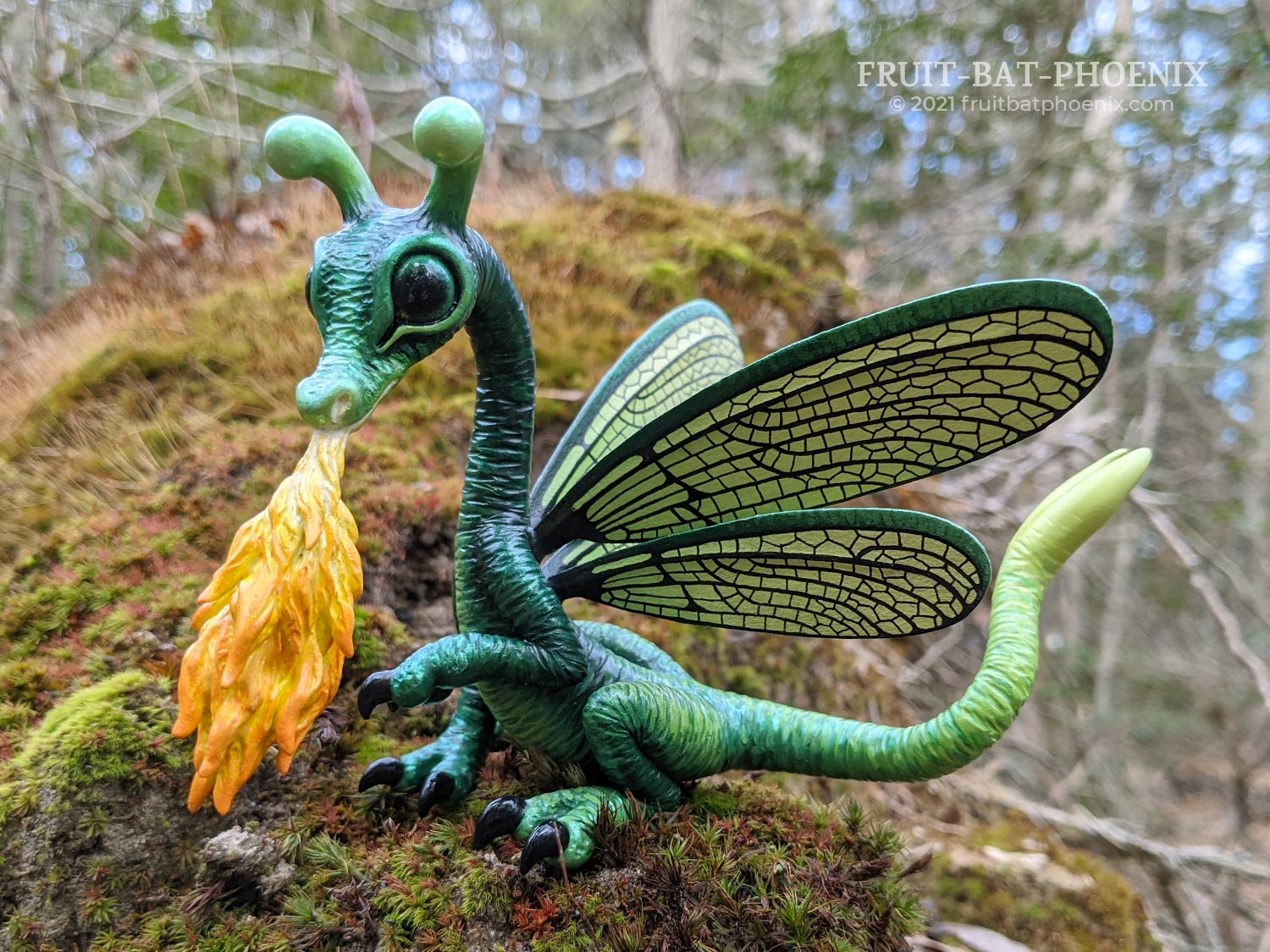 Fire-Breathing Dragon-Fly, a polymer clay dragon sculpture, side view